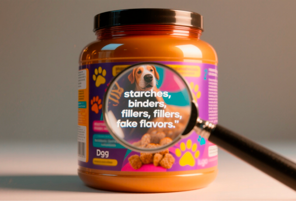Dog supplement bottle with magnifying glass